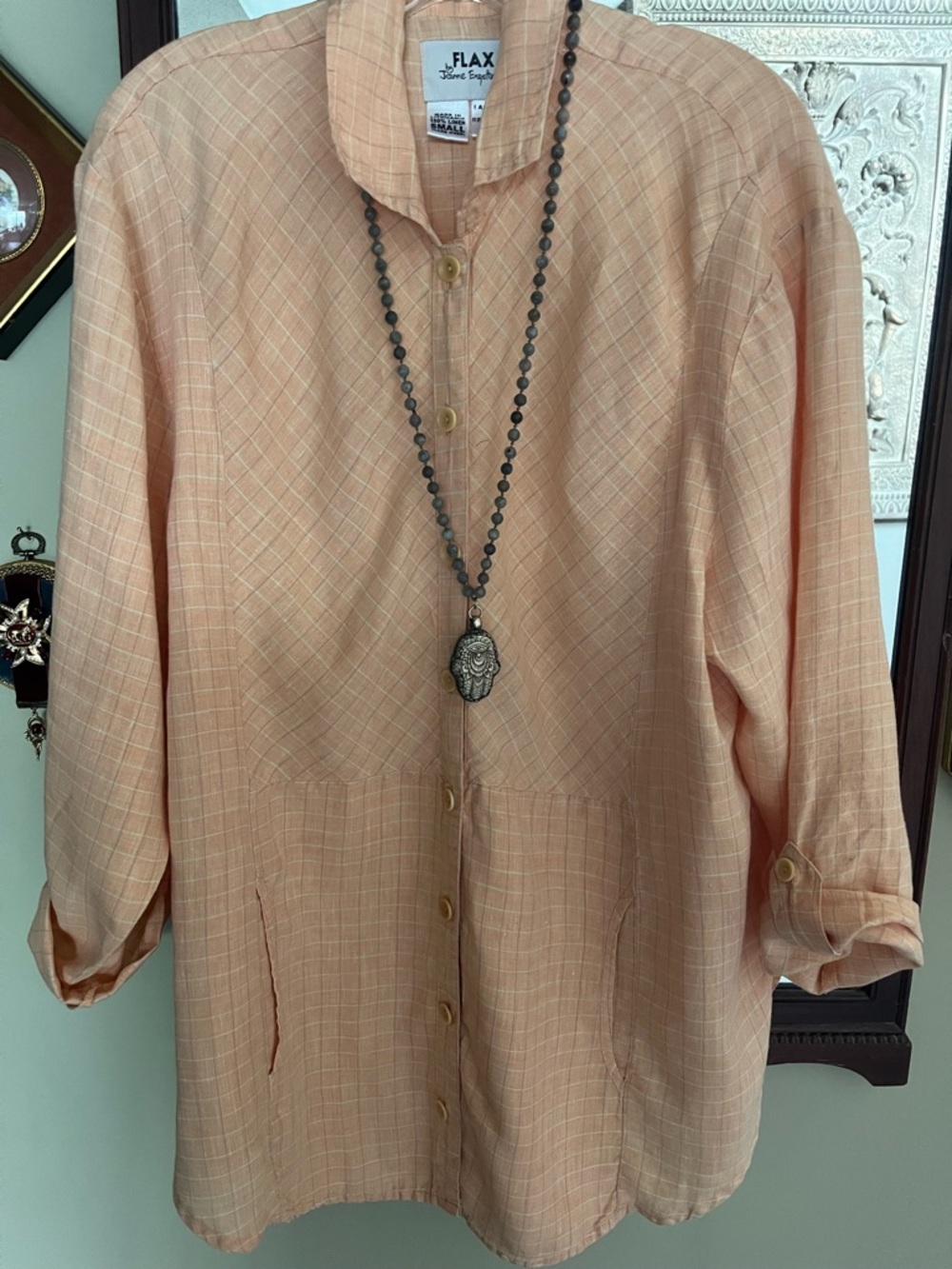 Flax Jeanne Engelhart linen button up tunic shirt tab sleeves orange lagenlook S